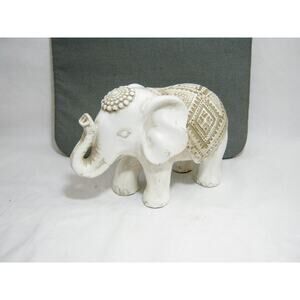 Ornate Carved Tribal style Elephant Figurine w/ Rustic White finish